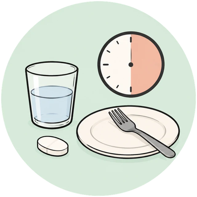 A tablet, a glass with a little water, a clock showing a half-hour wait and an empty plate
