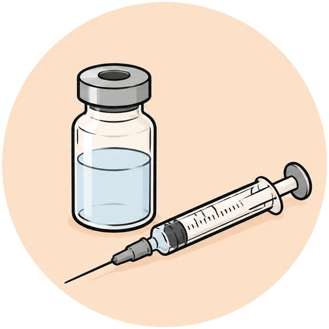 A small glass vial of liquid and a syringe with measurement marks