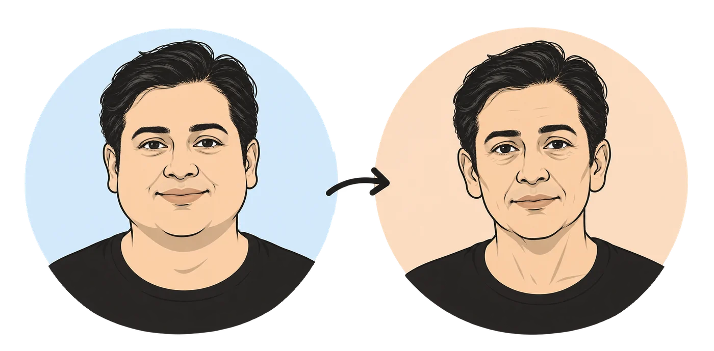 Illustration of the same made-up man twice: a fuller face before, then a slimmer, more lined face with looser skin at the neck after fast weight loss