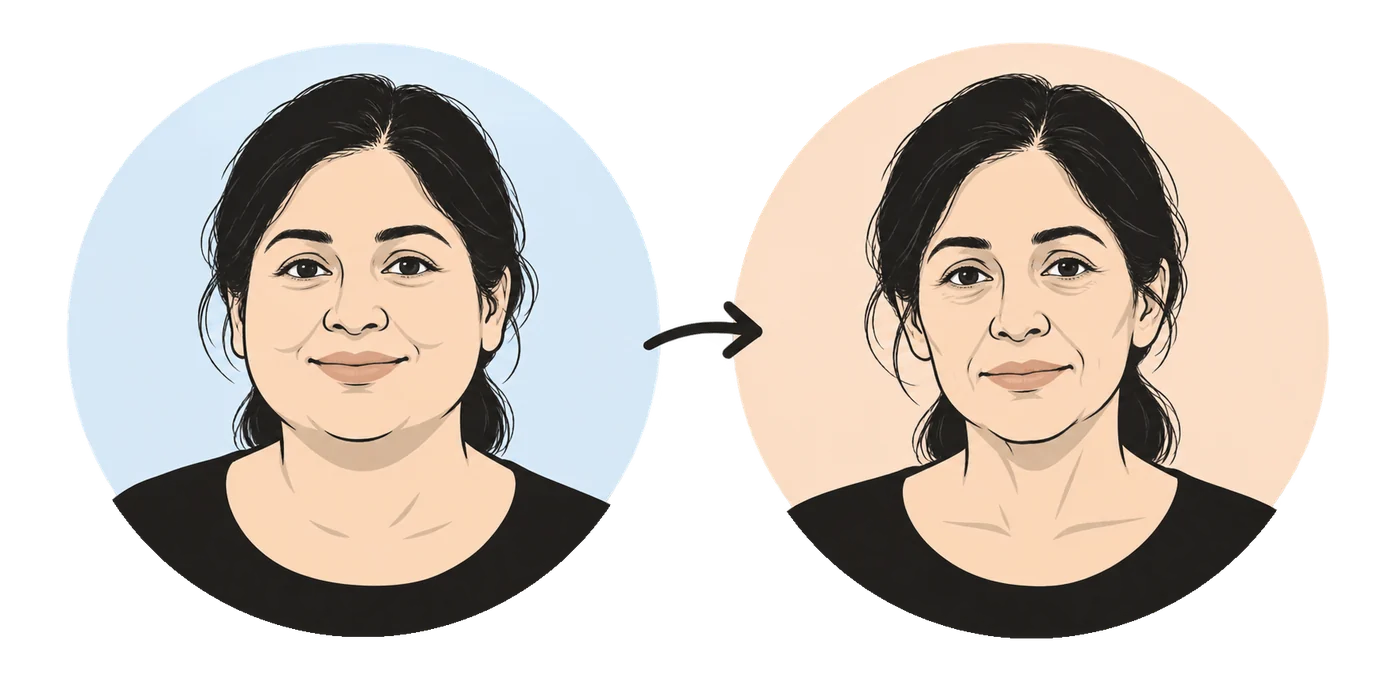 Illustration of the same made-up woman twice: a fuller face before, then a slimmer face with fine lines and loose skin at the jaw and neck after fast weight loss